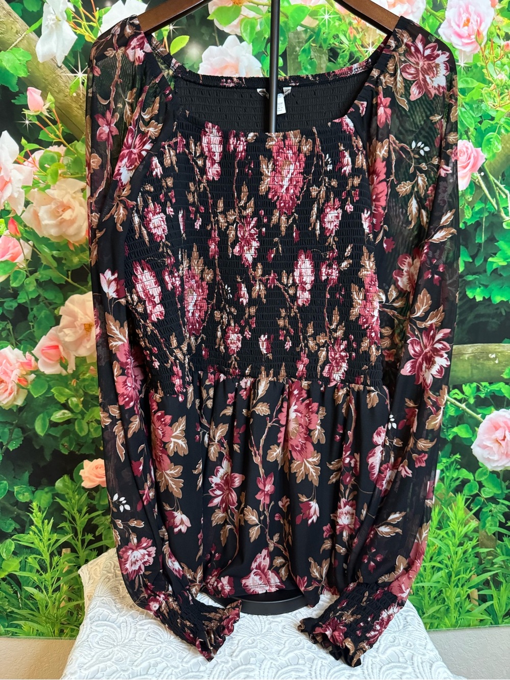 Black Floral Smocked Long-Sleeve Blouse with Pink Accents